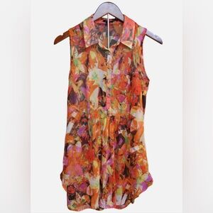 Cupio Sleeveless Button Front Blouse Dress Floral Orange Womens Size M